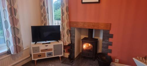 a living room with a fireplace and a television at Beechwood House in Keswick