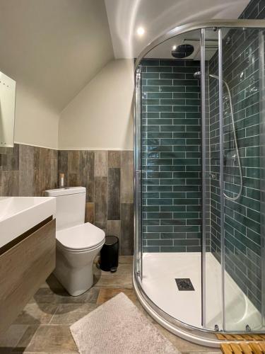 a bathroom with a toilet and a glass shower at Surrey Hills Lodge in Ewhurst