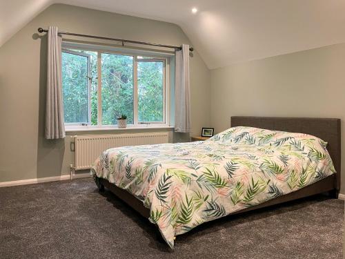 a bedroom with a bed and a window at Surrey Hills Lodge in Ewhurst