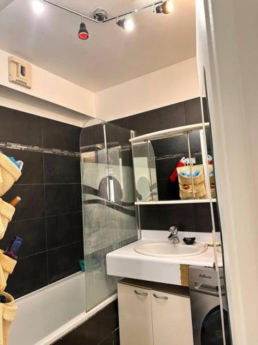 une petite salle de bain avec un lavabo et une douche dans l'établissement Appartement 3 pièces, à Le Port-Marly