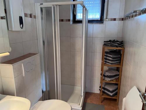 een badkamer met een douche, een toilet en handdoeken bij Vakantiewoning Paula Sauerland in Schmallenberg