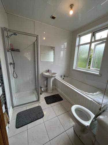 y baño con ducha, aseo y lavamanos. en 2 bedroom apartment, 5 minutes from city centre, en Newcastle