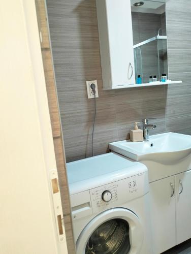 a bathroom with a washing machine and a sink at Holliday Tivat in Peani