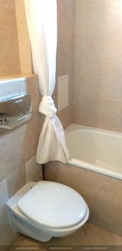 拉茲洛格的住宿－ALL VIEW in Golf Resort，浴室设有卫生间和浴缸及窗帘