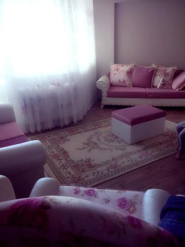 un soggiorno con mobili rosa e bianchi e una finestra di Ultra lüks eşyalı kiralık daire a Of