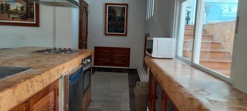 a kitchen with a counter top and a microwave at Hotel & Museo Casa Turquesa in Cancún