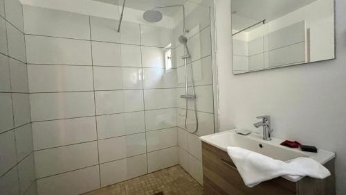 a white bathroom with a sink and a shower at Le cocon de la cathédrale in Nevers