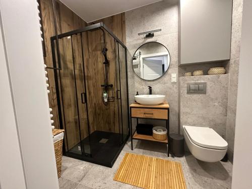 een badkamer met een wastafel, een toilet en een spiegel bij Apartament 28 w Dolinie Baryczy - 5D Apartamenty in Milicz