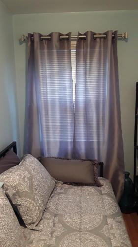 1 dormitorio con 1 cama con cortina púrpura en Jfk Resorts World, en Laurelton