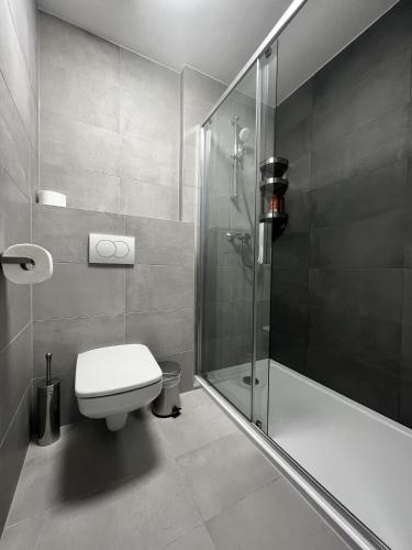 a bathroom with a toilet and a glass shower at MT Suites ApartHotel in Budapest