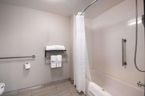 a bathroom with a shower and a tub and a toilet at Comfort Suites Northlake in Charlotte
