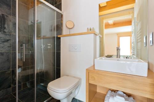 a bathroom with a toilet and a sink and a shower at Chalet Isabelle Mountain lodge 5 star 5 bedroom en suite sauna jacuzzi in Chamonix-Mont-Blanc