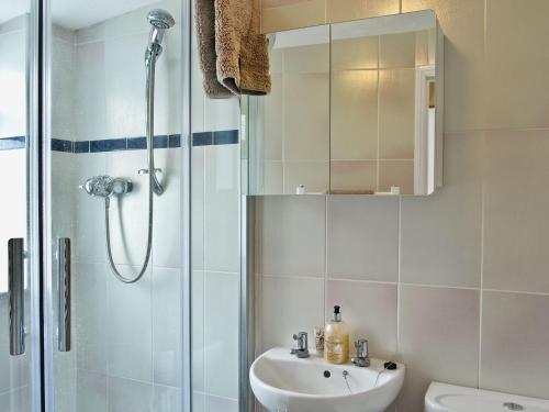 a bathroom with a shower and a sink and a toilet at Garden Cottage in Rottingdean