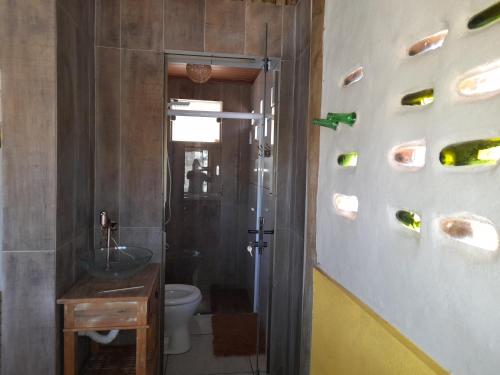 un baño con lavabo e inodoro en Chalé Cabana Ecológico, en Bueno Brandão