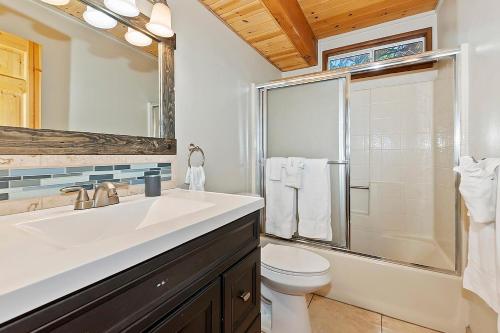 een badkamer met een wastafel, een toilet en een douche bij 129 - Treetop Hideaway in Big Bear Lake