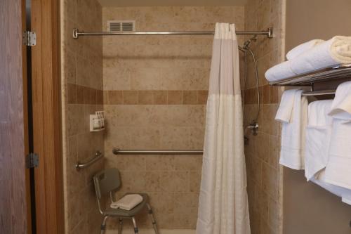 - une douche dans une chambre d'hôtel avec rideau de douche dans l'établissement GreenTree Suites Eagle / Vail Valley, à Eagle