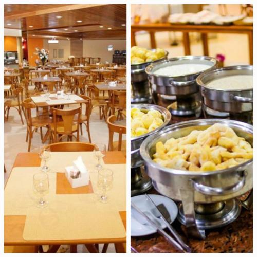 two pictures of a restaurant with a bowl of food at Hotel Fazenda China Park in Domingos Martins
