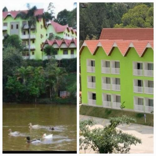 two pictures of a building next to a river at Hotel Fazenda China Park in Domingos Martins