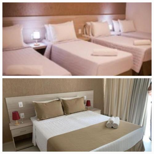 two pictures of a hotel room with two beds at Hotel Fazenda China Park in Domingos Martins
