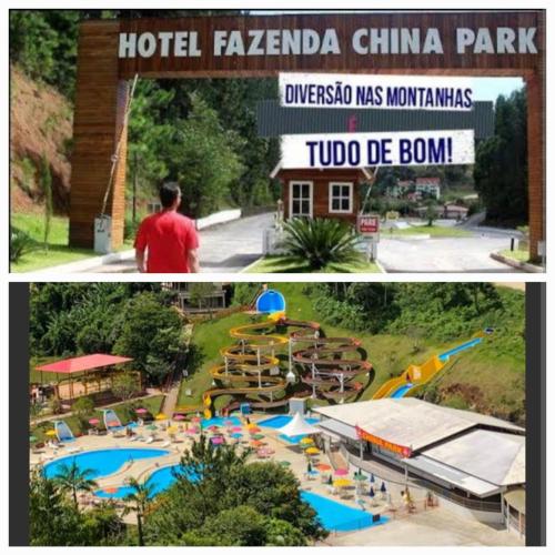 a collage of two pictures of a water park at Hotel Fazenda China Park in Domingos Martins