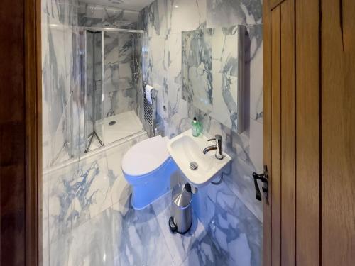 a bathroom with a white sink and a shower at Old Hall Cottage No 1 in Byers Green