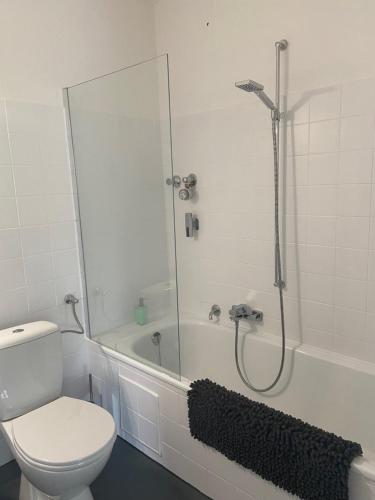 łazienka z prysznicem, toaletą i wanną w obiekcie Bayern Lodge Grassau w mieście Grassau