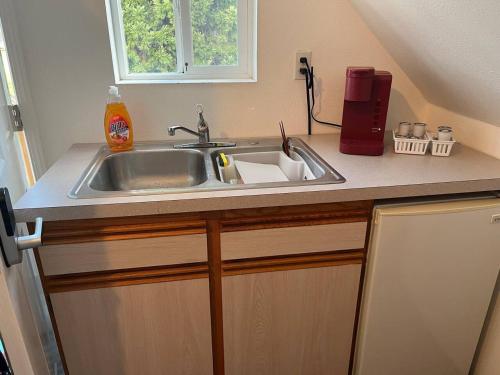 um balcão de cozinha com um lavatório e uma janela em Large One Bedroom on City Farmland em Longview