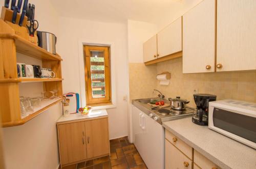 a small kitchen with a sink and a microwave at Apartments Kitzsteinhorn in Zell am See