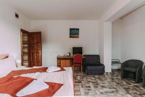 1 dormitorio con 1 cama, escritorio y sillas en Fenyves Hotel, en Balatonfenyves