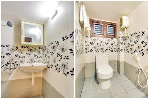 two pictures of a bathroom with a toilet and a sink at Rvn Guest Inn in Nellore