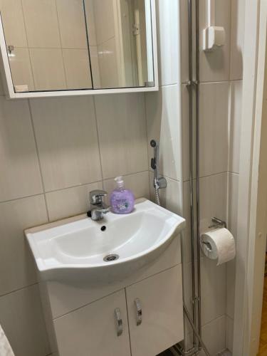 La salle de bains est pourvue d'un lavabo blanc et d'un miroir. dans l'établissement Valimontien residenssi, à Kouvola