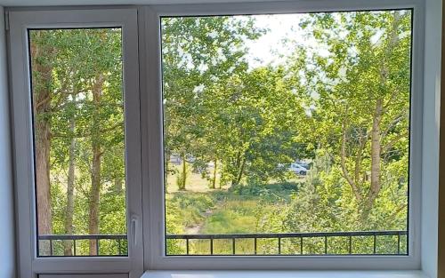 a window with a view of a forest at Apartment in Liepāja