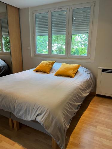een slaapkamer met een groot bed met 2 gele kussens bij Zénith de Rouen - Sud 3 - Diochon - Parc Expo in Le Grand-Quevilly