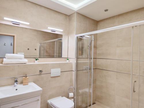 a bathroom with a shower and a toilet and a sink at Royal Liberty Apartment in Keszthely
