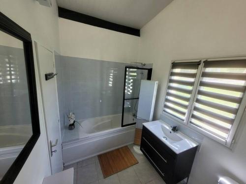 uma casa de banho com um lavatório, uma banheira e uma janela em Gite 6/8 personnes tout confort em Saint-Martin-des-Besaces