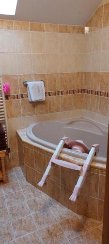 uma casa de banho com uma banheira e uma banheira em Rodinný apartmán Alma em Bojnice