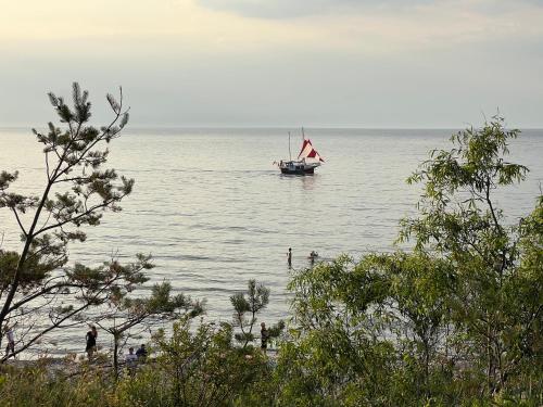 a boat in the water on a beach at Apartamenty i Domki WyDmy Międzywodzie in Międzywodzie