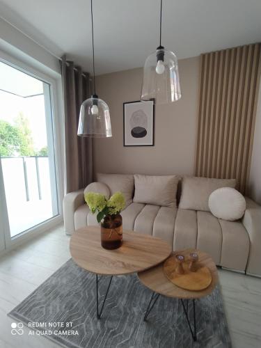 a living room with a couch and a table at Apartament z 2 sypialniami - Nova Ludova - blisko 2 jezior in Biskupiec