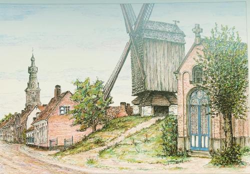 a drawing of a church and a windmill at Hamiora wellness B&B in Deinze