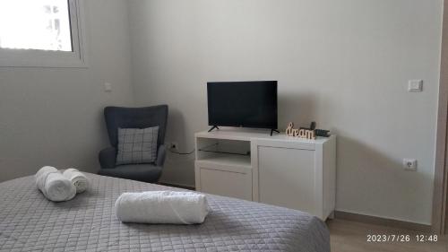 um quarto com uma cama, uma televisão e uma cadeira em Natageo em Loutraki