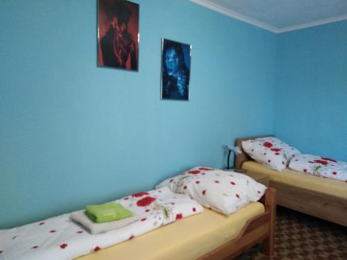 two twin beds in a room with blue walls at Gästehaus M in Poysdorf