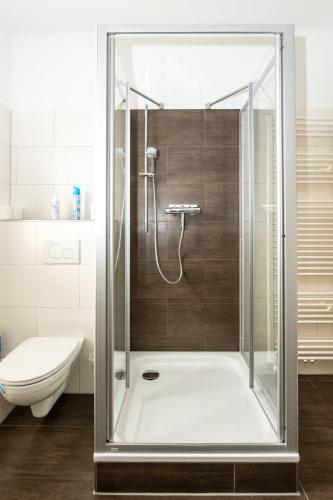 eine Dusche mit Glastür im Badezimmer in der Unterkunft Wohnen im Weingut in Kirchheim an der Weinstraße