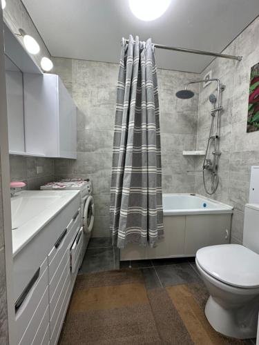 uma casa de banho com um WC, uma banheira e um lavatório. em Квартира Уют em Borovoye