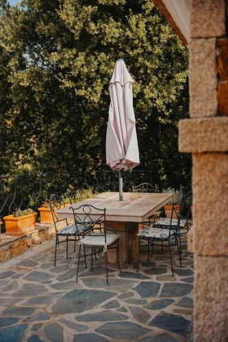 a table and chairs with an umbrella on a patio at Villa Alba Sul Mare in Budoni