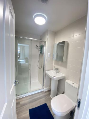 a bathroom with a shower and a toilet and a sink at Trade Stays Welcome Secure Parking Large Townhouse Long Stay Savings Available just Ask! in Birmingham