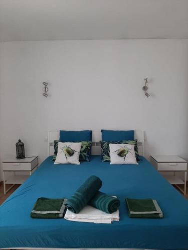 - un lit bleu avec des serviettes et des oreillers dans l'établissement Villa Agda, à Agde