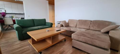 a living room with a couch and a coffee table at Kattohuoneisto keskustassa in Lieksa