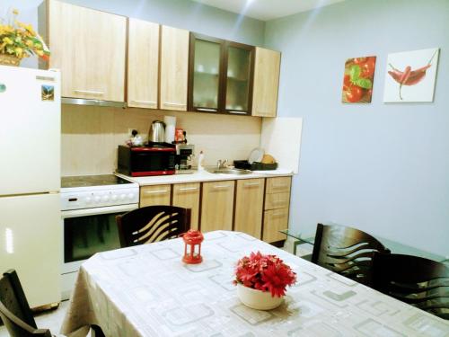 a kitchen with a table and a white refrigerator at Apartment Diana in Resilovo