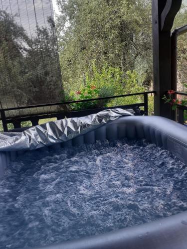una bañera de hidromasaje en un patio trasero con agua en Holiday Home Raušel, en Turke