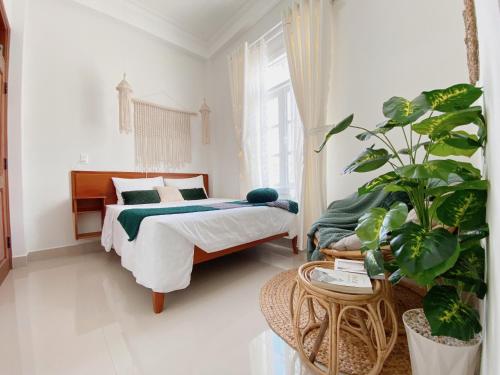 a bedroom with a bed and a potted plant at Lantana Homestay in Da Lat